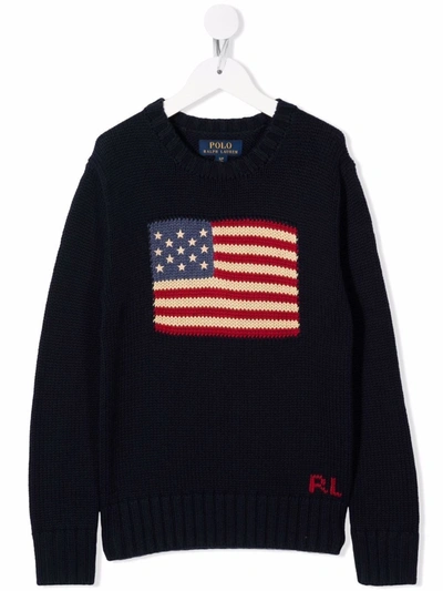 Shop Ralph Lauren Flag Intarsia Cotton Jumper In Blue