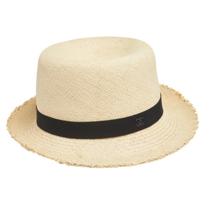 Pre-owned Chanel Beige Straw Cc Fedora Hat M