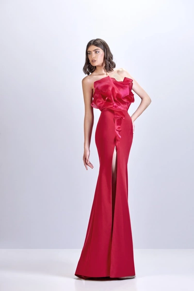 Apollo Couture Crepe Gown With Organza Bodice In Red | ModeSens