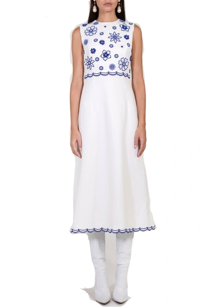 Shop Andrew Gn Floral Embroidered Crepe Midi Dress In White