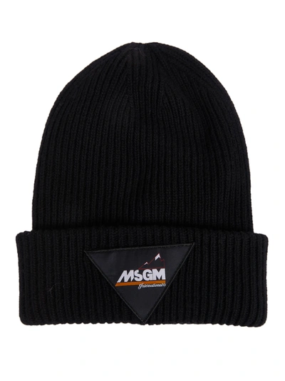 Shop Msgm Logo Patch Ribbed Beanie In Black