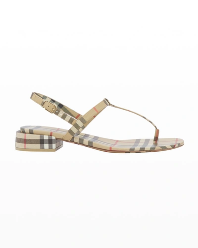 Shop Burberry Emily Check Slingback Thong Sandals In Archive Beige Ip