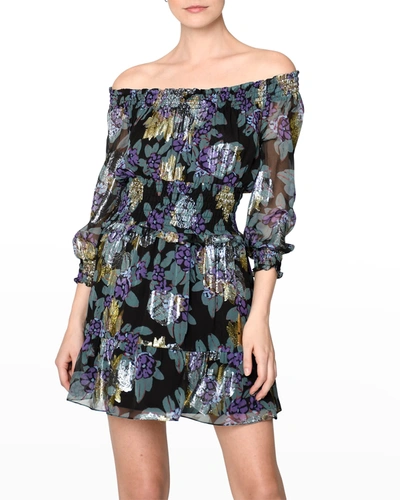 Shop Nicole Miller Purple Hibiscus Smocked Mini Dress In Purp/multi