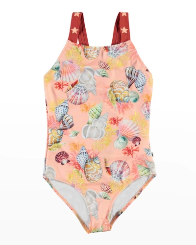 Shop Molo Girl's Nakia Printed Star Strap One-piece Swimsuit In Sea Treasures