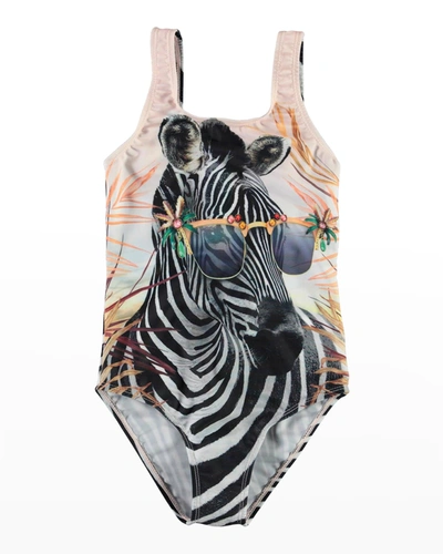 Shop Molo Girl's Zebra In Sunglasses One-piece Swimsuit In Zebra Fun