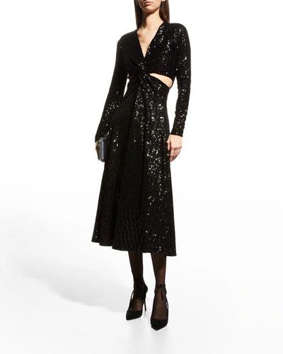 Shop Michael Kors Twist Cutout Recycled Sequin Midi Dress In Black