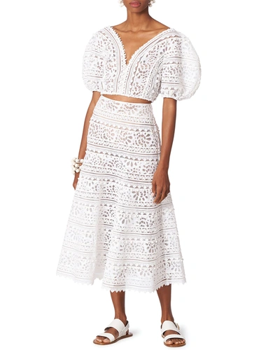 Shop Carolina Herrera Striped Eyelet Embroidered Midi Skirt - Bci Cotton In White