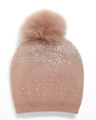 Shop Adrienne Landau Glitter Knit Beanie W/ Fur Pompom In Taupe