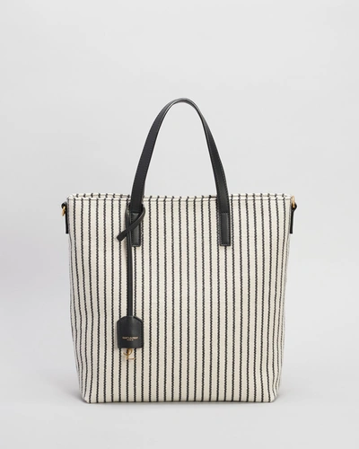 Saint Laurent Toy Striped Canvas Shopping Tote Bag In Grey Cream/nero/ner |  ModeSens