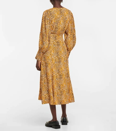 Shop Ganni Leopard-print Crêpe Midi Dress In Bright Marigold