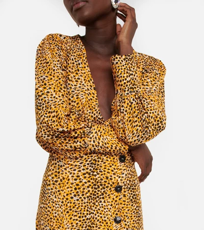 Shop Ganni Leopard-print Crêpe Midi Dress In Bright Marigold