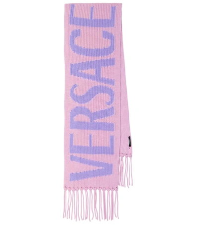 Shop Versace Logo Wool Scarf In Pink