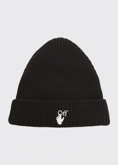 Shop Off-white Men's Hand-off Ribbed Wool Beanie In 1001 Black White