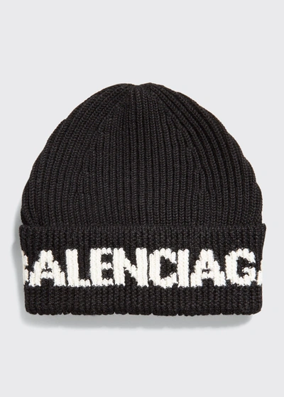 Shop Balenciaga Men's Ribbed Logo Beanie Hat In Noir/ecru