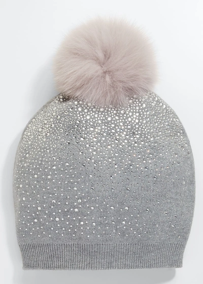 Shop Adrienne Landau Glitter Knit Beanie W/ Fur Pompom In Grey