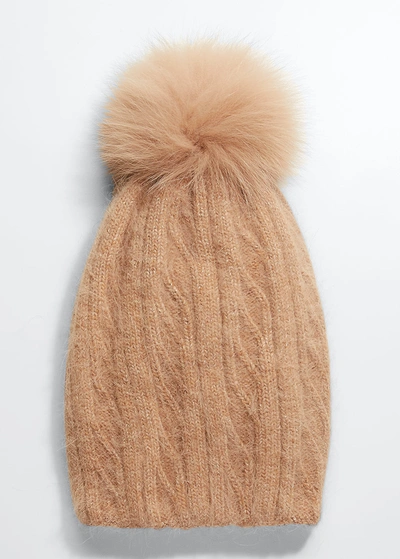 Shop Adrienne Landau Knit Beanie W/ Fur Pompom In Beige