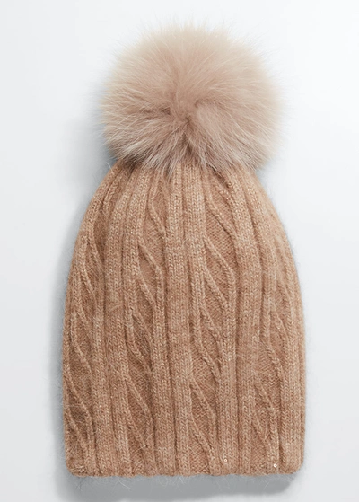 Shop Adrienne Landau Knit Beanie W/ Fur Pompom In Taupe