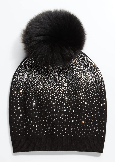 Shop Adrienne Landau Glitter Knit Beanie W/ Fur Pompom In Black