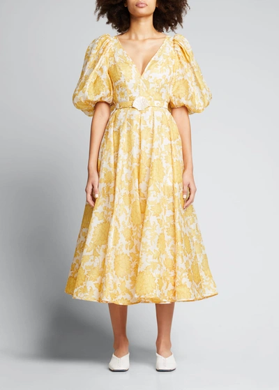 Shop Zimmermann Postcard Puff-sleeve Dress In Yellow Tonal Flor