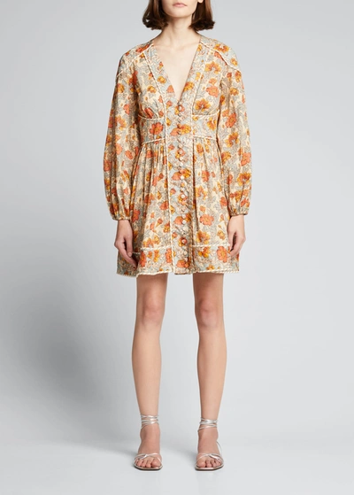 Shop Zimmermann Andie Buttoned Mini Dress In Dusty Blue Floral