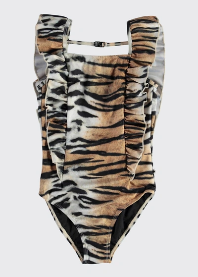 Shop Molo Girl's Nathalie Tiger-striped Ruffle One-piece Swimsuit In Tiger Stripes
