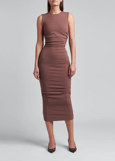 Shop Dolce & Gabbana Ruched Jersey Stretch Midi Dress In Pastbrown