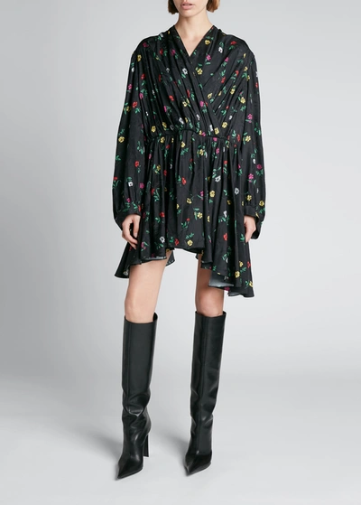 Shop Balenciaga Floral-print Wrap Baby Doll Dress In Noir