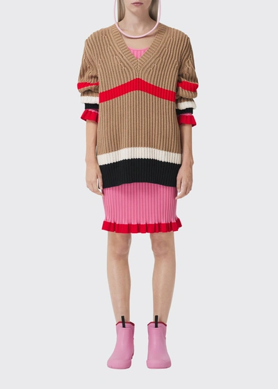 Shop Burberry Exploded Saddle Stripe Ribbed Cashmere Sweater In Camel