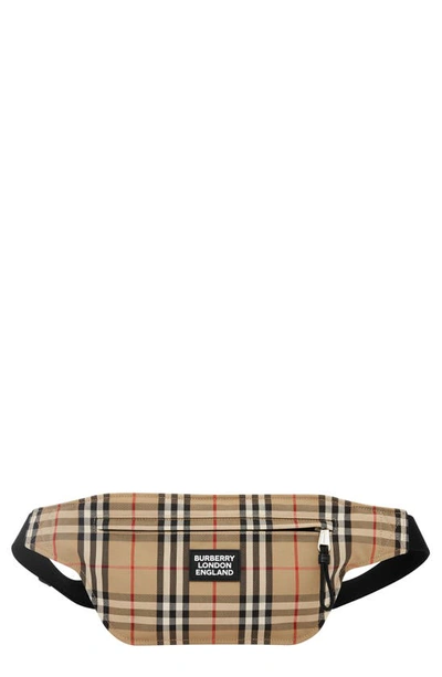 Shop Burberry Check Canvas Belt Bag In Archive Beige