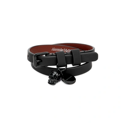 Shop Alexander Mcqueen Black Leather Wrap Bracelet