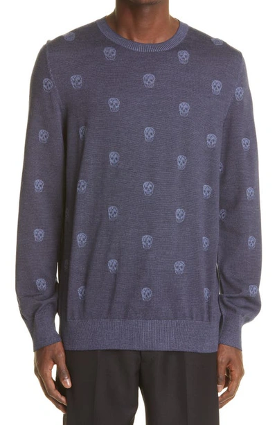 Shop Alexander Mcqueen Skull Jacquard Wool Sweater In Denim Blue