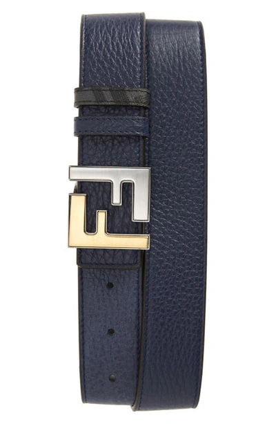 Shop Fendi Ff Leather Reversible Belt In Black/ Blue