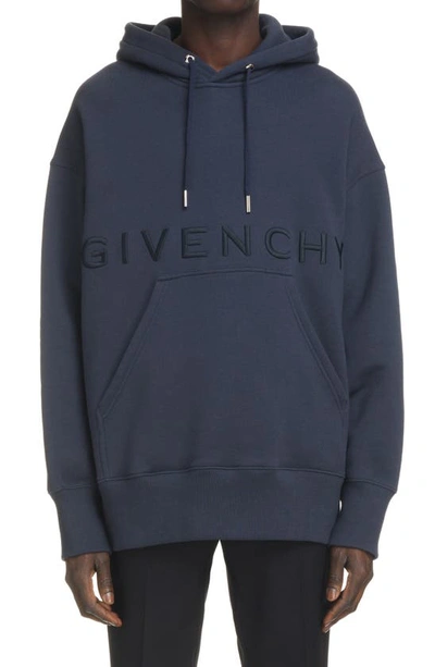 Shop Givenchy Embroidered Logo Cotton Hoodie In 403-night Blue