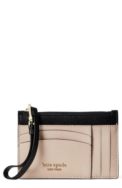 Shop Kate Spade Spencer Leather Wristlet Card Case In Warm Beige/ Black