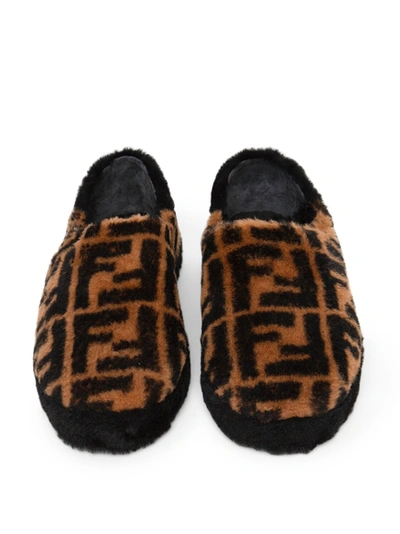 Shop Fendi Ff Logo Sheepskin Mules Brown