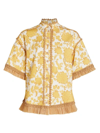 Shop Zimmermann Women's Postcard Fringed Cotton Shirt In Yellow Tonal Floral