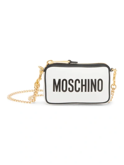 Shop Moschino Women's Quilted Logo Leather Clutch-on-chain In Fantasy White