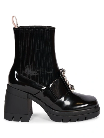 Shop Roger Vivier Women's Viv Rangers Metal Buckle Patent Leather Boots In Black