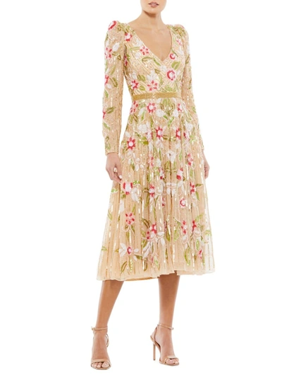 Shop Mac Duggal Women's Floral Sequin Midi Dress In Gold Multi