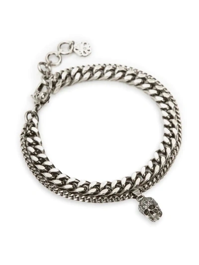 Shop Alexander Mcqueen Men's Pavé Skull Chain Bracelet In Grey Denim