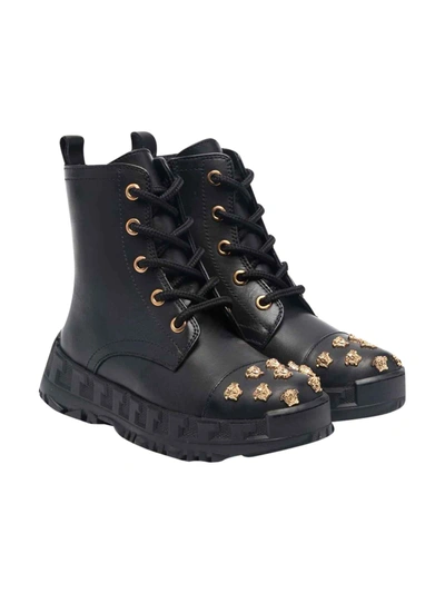 Shop Versace Kids Unisex Black Combat Boots In Nero/oro
