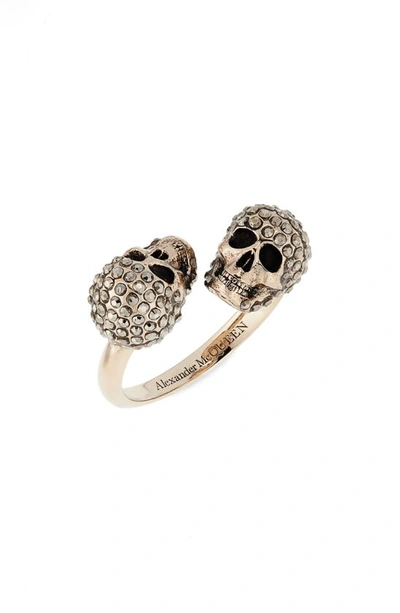 Shop Alexander Mcqueen Twin Crystal Skull Ring In Greige