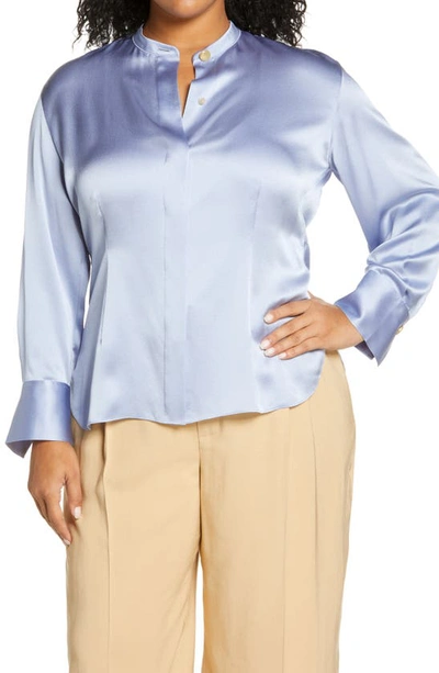 Shop Vince Shaped Band Collar Silk Blouse In Peri Blue