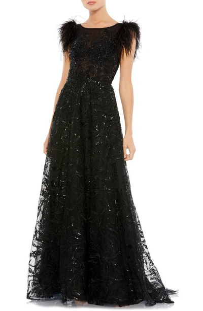 Mac Duggal Embellished Feather Cap Sleeve Bateau A Line Gown In Black