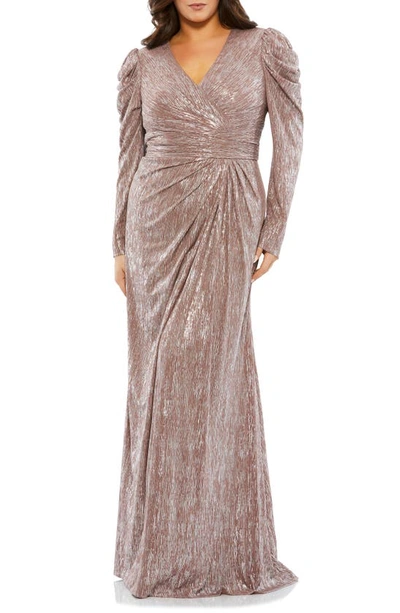 Shop Mac Duggal Ruched Metallic Long Sleeve Faux Wrap Gown In Mauve