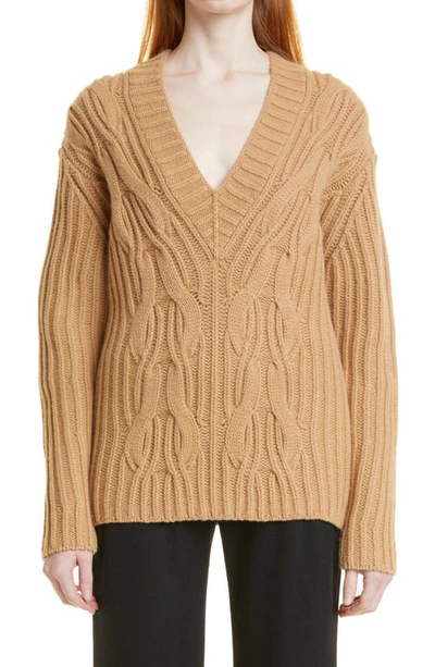 Shop Vince V-neck Wool & Cashmere Cable Sweater In 270dun-dune