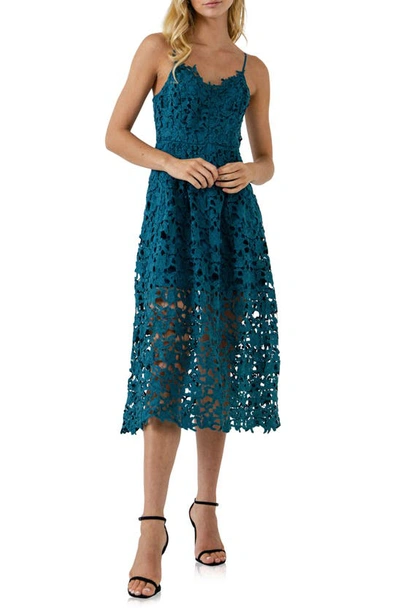 Shop Endless Rose Lace Spaghetti Strap Midi Dress In Teal