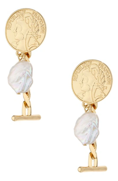 Shop Ettika Coin Freshwater Pearl Drop Earrings In Gold