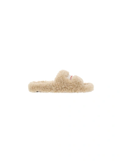 Shop Balenciaga Furry Slide Shoes In Beige/white/red