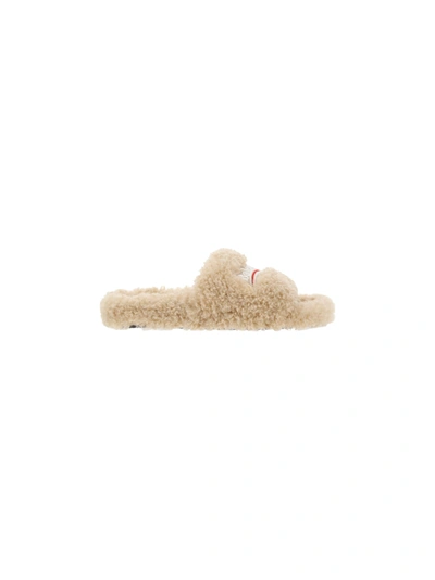 Balenciaga Furry Logo-embroidered Faux Shearling Slides In Beige